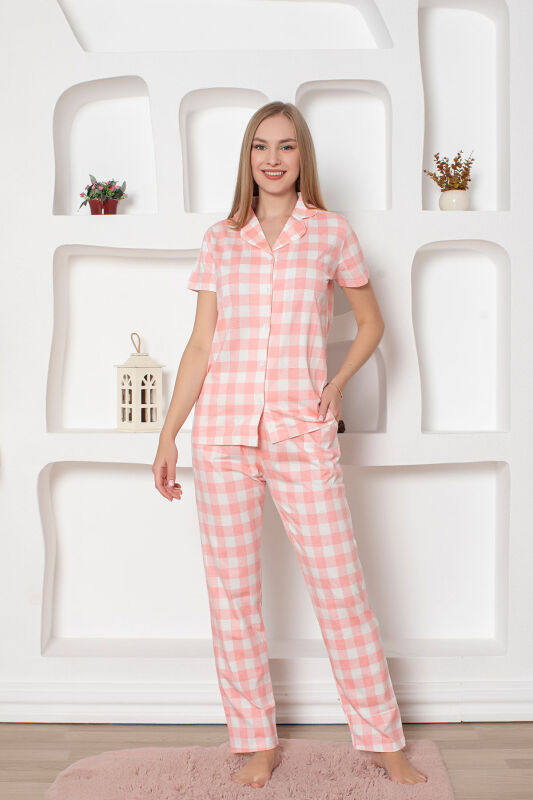  Ekoseli Önden Düğmeli Kadın Pijama Takımı - Pembe Kısa Kollu Penye 2793KY - 2