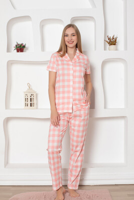  Ekoseli Önden Düğmeli Kadın Pijama Takımı - Pembe Kısa Kollu Penye 2793KY - 4