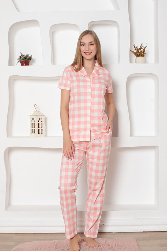  Ekoseli Önden Düğmeli Kadın Pijama Takımı - Pembe Kısa Kollu Penye 2793KY - 4