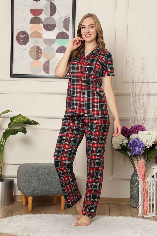 Kareli Önden Düğmeli Kısa Kollu Bayan Pijama Takımı 2523KY - 4