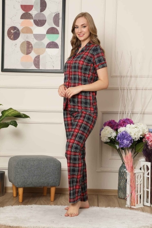 Kareli Önden Düğmeli Kısa Kollu Likralı Viskon Bayan Pijama Takımı 2523KY - Alimer (1)