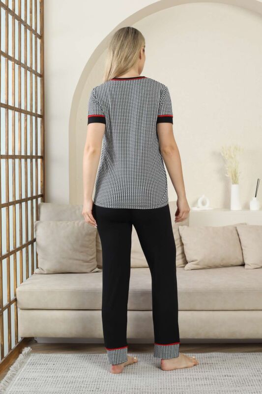 Kaz Ayağı Desenli Kadın Pijama Takımı - Siyah 3 Düğmeli Kısa Kollu Likralı Rink Viskon 2869KY - 5