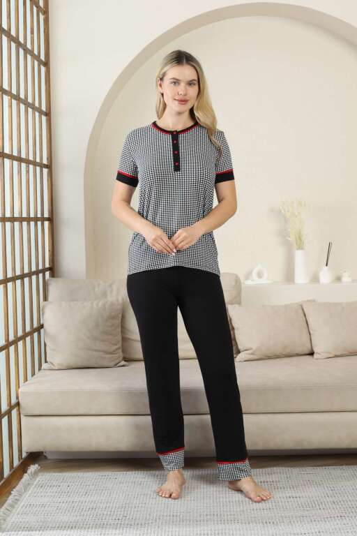 Kaz Ayağı Desenli Kadın Pijama Takımı - Siyah Kısa Kollu Likralı Rink Viskon 2869KY - Alimer (1)