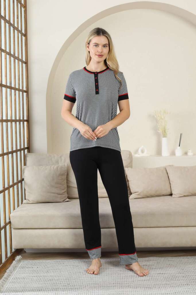 Kaz Ayağı Desenli Kadın Pijama Takımı - Siyah Kısa Kollu Likralı Rink Viskon 2869KY - 2