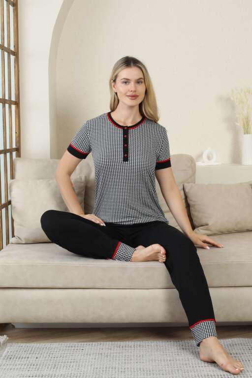 Kaz Ayağı Desenli Kadın Pijama Takımı - Siyah Kısa Kollu Likralı Rink Viskon 2869KY - Alimer (1)