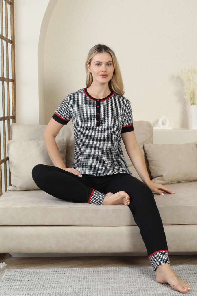 Kaz Ayağı Desenli Kadın Pijama Takımı - Siyah Kısa Kollu Likralı Rink Viskon 2869KY - 1