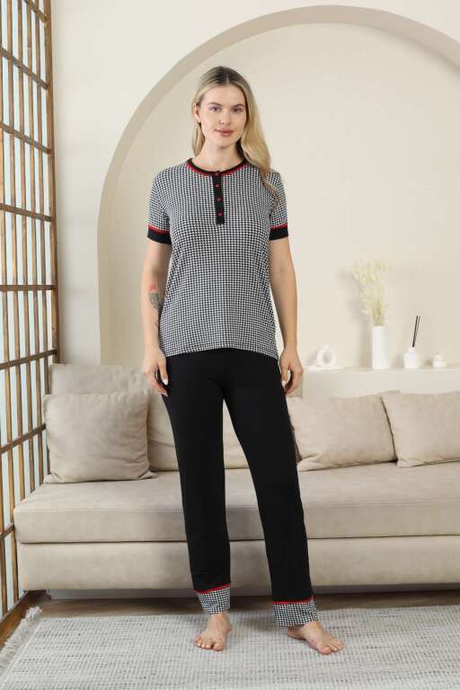 Kaz Ayağı Desenli Kadın Pijama Takımı - Siyah Kısa Kollu Likralı Rink Viskon 2869KY - 3