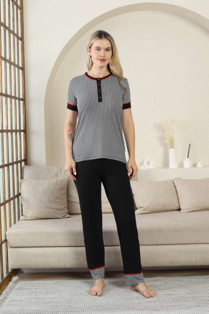 Kaz Ayağı Desenli Kadın Pijama Takımı - Siyah Kısa Kollu Likralı Rink Viskon 2869KY - 3