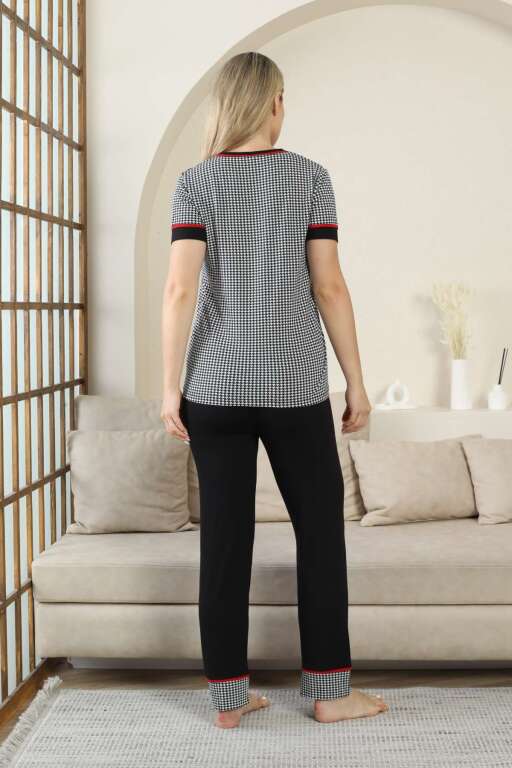 Kaz Ayağı Desenli Kadın Pijama Takımı - Siyah Kısa Kollu Likralı Rink Viskon 2869KY - 4