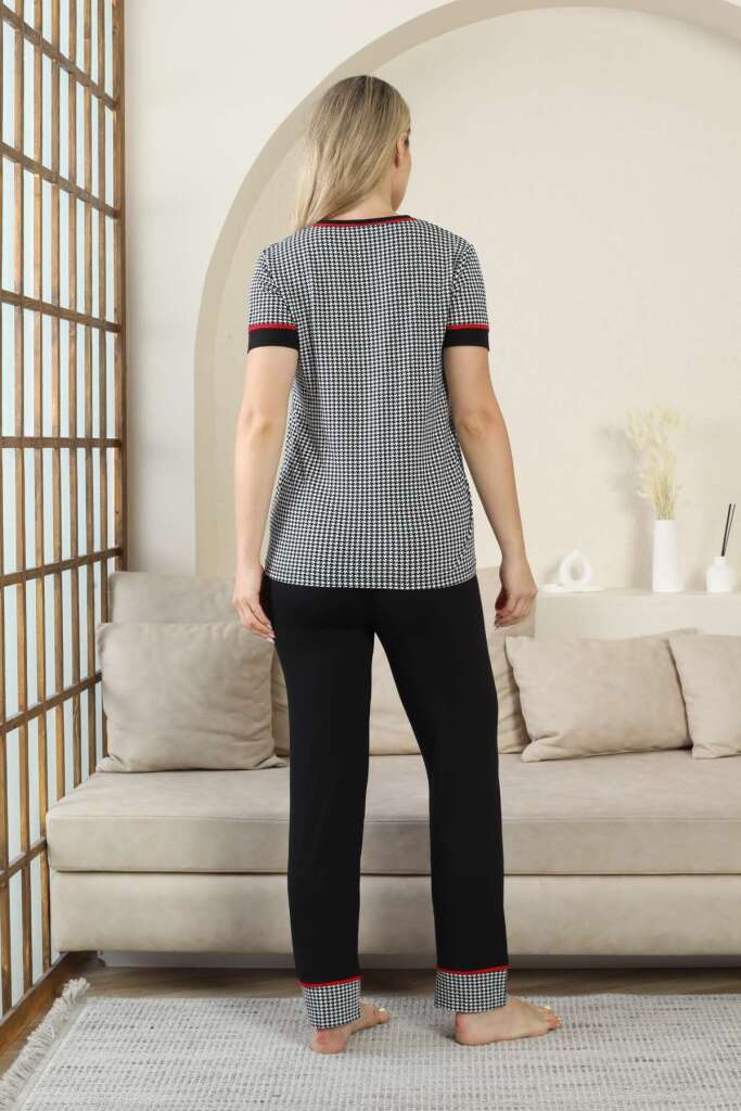 Kaz Ayağı Desenli Kadın Pijama Takımı - Siyah Kısa Kollu Likralı Rink Viskon 2869KY - 4