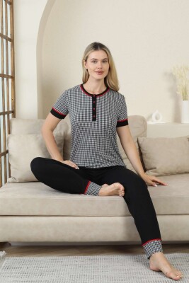 Kaz Ayağı Desenli Kadın Pijama Takımı - Siyah 3 Düğmeli Kısa Kollu Likralı Rink Viskon 2869KY - Alimer (1)