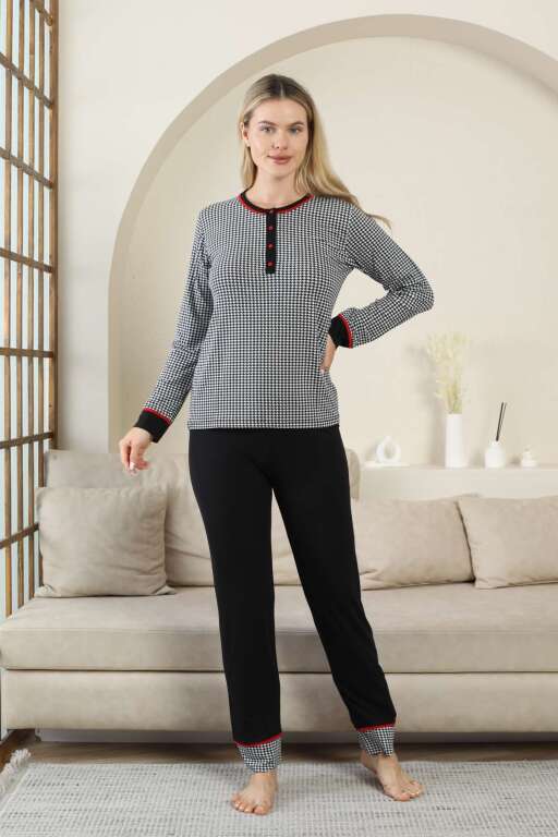 Kaz Ayağı Desenli Kadın Pijama Takımı - Siyah Kısa Kollu Likralı Rink Viskon 2869KY - Alimer