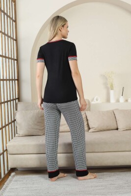 Kaz Ayağı Desenli Kadın Pijama Takımı - Siyah 3 Düğmeli Kisa Kollu Likralı Rink Viskon 2871KY - 4