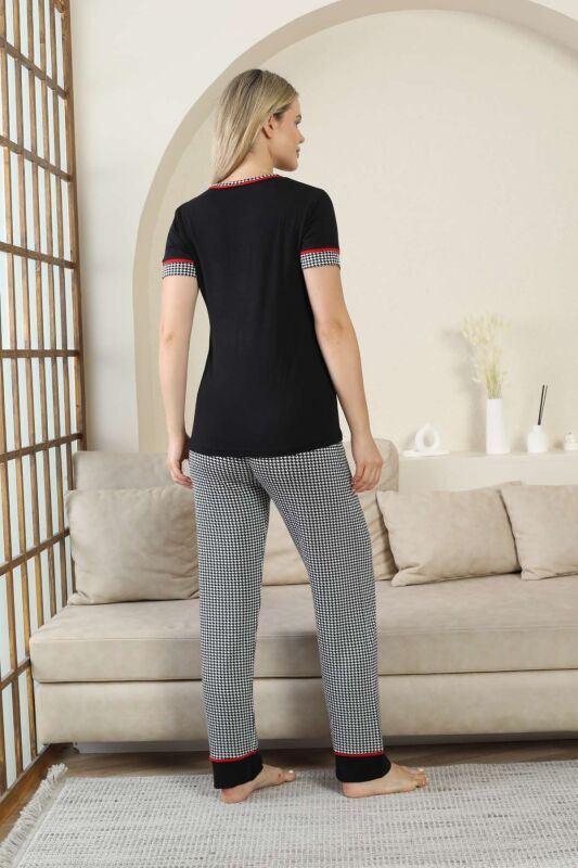 Kaz Ayağı Desenli Kadın Pijama Takımı - Siyah 3 Düğmeli Kisa Kollu Likralı Rink Viskon 2871KY - 4