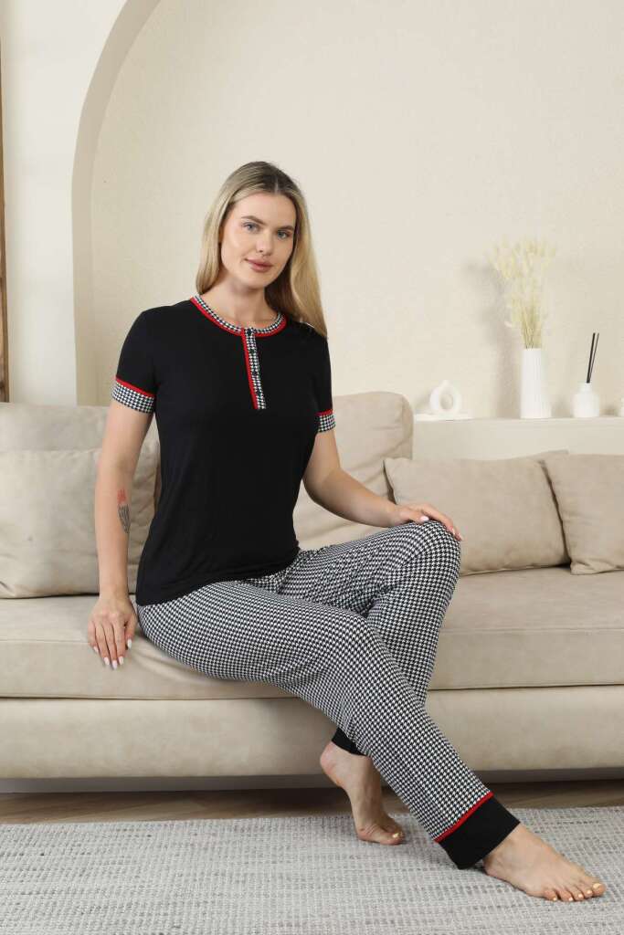 Kaz Ayağı Desenli Kadın Pijama Takımı - Siyah Kısa Kollu Likralı Rink Viskon 2871KY - 2