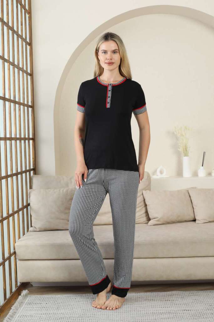 Kaz Ayağı Desenli Kadın Pijama Takımı - Siyah Kısa Kollu Likralı Rink Viskon 2871KY - 1