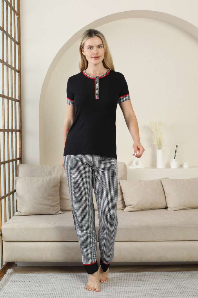 Kaz Ayağı Desenli Kadın Pijama Takımı - Siyah Kısa Kollu Likralı Rink Viskon 2871KY - 4