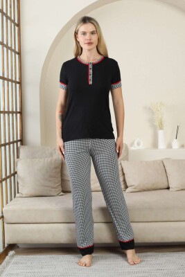 Kaz Ayağı Desenli Kadın Pijama Takımı - Siyah 3 Düğmeli Kisa Kollu Likralı Rink Viskon 2871KY - Alimer (1)