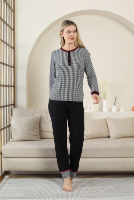 Kaz Ayağı Desenli Kadın Pijama Takımı - Siyah 3 Düğmeli Uzun Kollu Likralı Rink Viskon 2869UY - Alimer (1)