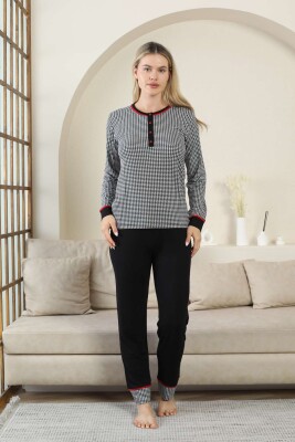 Kaz Ayağı Desenli Kadın Pijama Takımı - Siyah 3 Düğmeli Uzun Kollu Likralı Rink Viskon 2869UY - Alimer