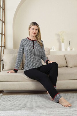 Kaz Ayağı Desenli Kadın Pijama Takımı - Siyah 3 Düğmeli Uzun Kollu Likralı Rink Viskon 2869UY - 4
