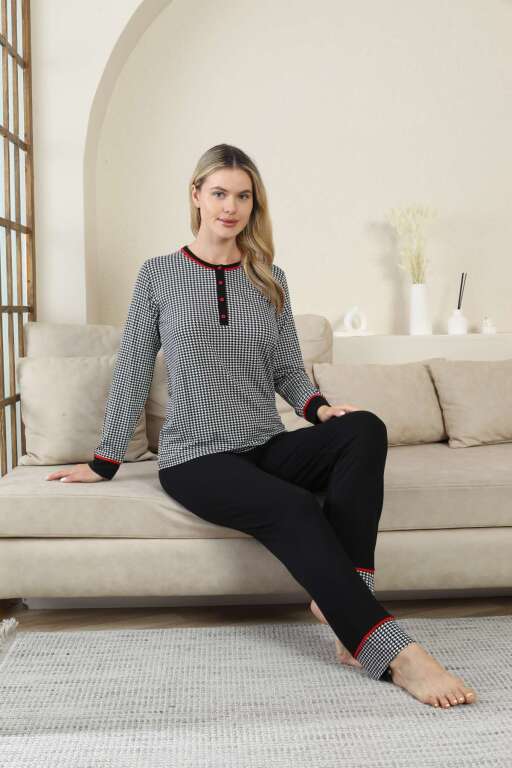 Kaz Ayağı Desenli Kadın Pijama Takımı - Siyah Uzun Kollu Likralı Rink Viskon 2869UY - Alimer (1)