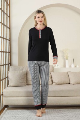 Kaz Ayağı Desenli Kadın Pijama Takımı - Siyah 3 Düğmeli Uzun Kollu Likralı Rink Viskon 2871UY - Alimer