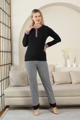 Kaz Ayağı Desenli Kadın Pijama Takımı - Siyah 3 Düğmeli Uzun Kollu Likralı Rink Viskon 2871UY - 4
