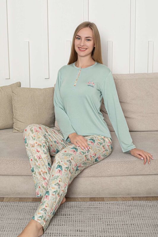 Kelebek Desenli Kadın Pijama Takımı - Su Yeşili 3 Düğmeli Uzun Kollu Likralı Rink Viskon 2876UY - 2