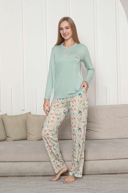 Kelebek Desenli Kadın Pijama Takımı - Su Yeşili 3 Düğmeli Uzun Kollu Likralı Rink Viskon 2876UY - 3