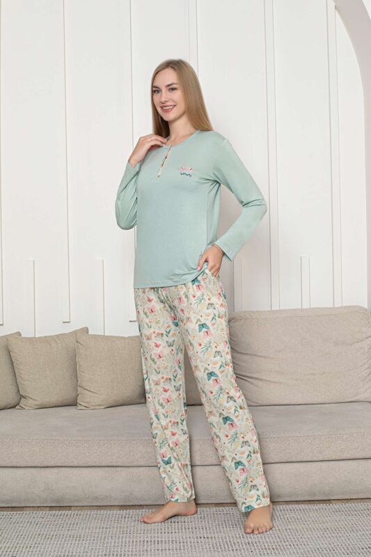 Kelebek Desenli Kadın Pijama Takımı - Su Yeşili 3 Düğmeli Uzun Kollu Likralı Rink Viskon 2876UY - 4