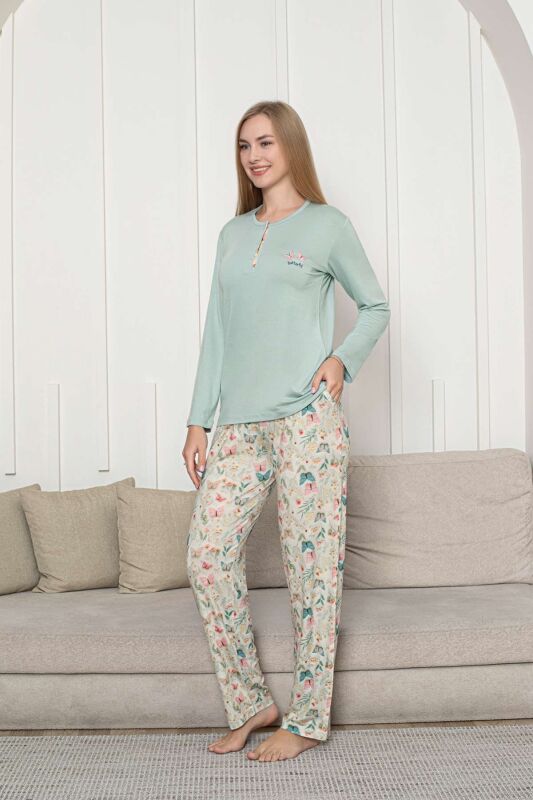 Kelebek Desenli Kadın Pijama Takımı - Su Yeşili 3 Düğmeli Uzun Kollu Likralı Rink Viskon 2876UY - 5