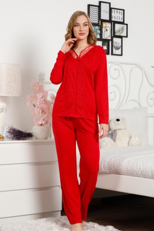 Kırmızı Dantelli Önden Düğmeli Kadın Pijama Takımı 2465UY - 1