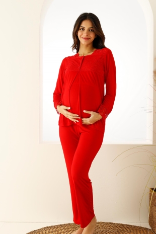 Kırmızı Dantelli Hamile Lohusa Pijama Takımı 2714UY - 3