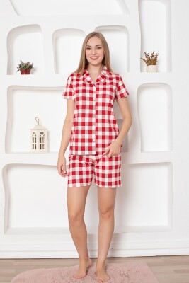  Ekoseli Önden Düğmeli Kadın Şort Takımı - Kırmızı Uzun Kollu Penye 2793ŞT - Miss Merveille (1)