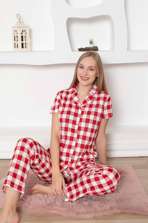 Ekoseli Önden Düğmeli Kadın Şort Takımı - Kırmızı Kısa Kollu Penye 2793ŞT - 4