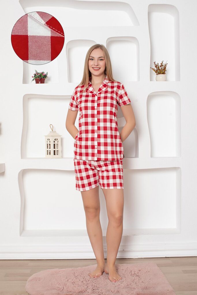 Ekoseli Önden Düğmeli Kadın Şort Takımı - Kırmızı Kısa Kollu Penye 2793ŞT - 1