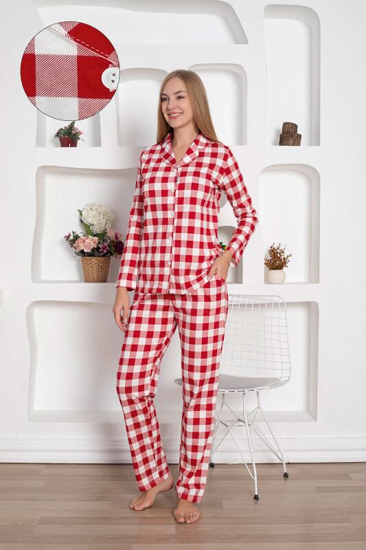  Ekoseli Önden Düğmeli Kadın Pijama Takımı - Kırmızı Uzun Kollu Penye 2793UY - 1