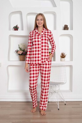  Ekoseli Önden Düğmeli Kadın Pijama Takımı - Kırmızı Uzun Kollu Penye 2793UY - 2