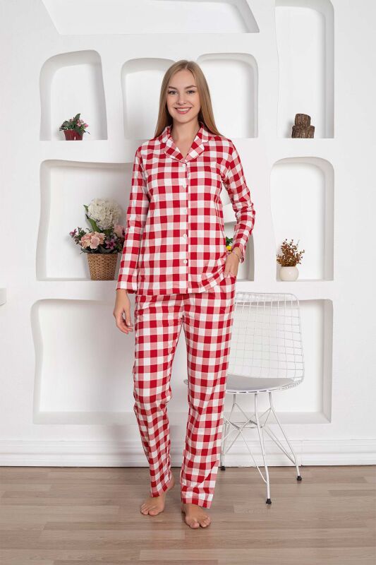  Ekoseli Önden Düğmeli Kadın Pijama Takımı - Kırmızı Uzun Kollu Penye 2793UY - 2