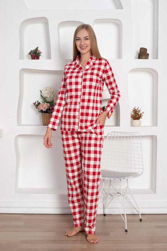  Ekoseli Önden Düğmeli Kadın Pijama Takımı - Kırmızı Uzun Kollu Penye 2793UY - 4