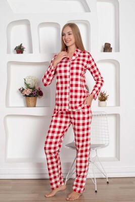  Ekoseli Önden Düğmeli Kadın Pijama Takımı - Kırmızı Uzun Kollu Penye 2793UY - 5