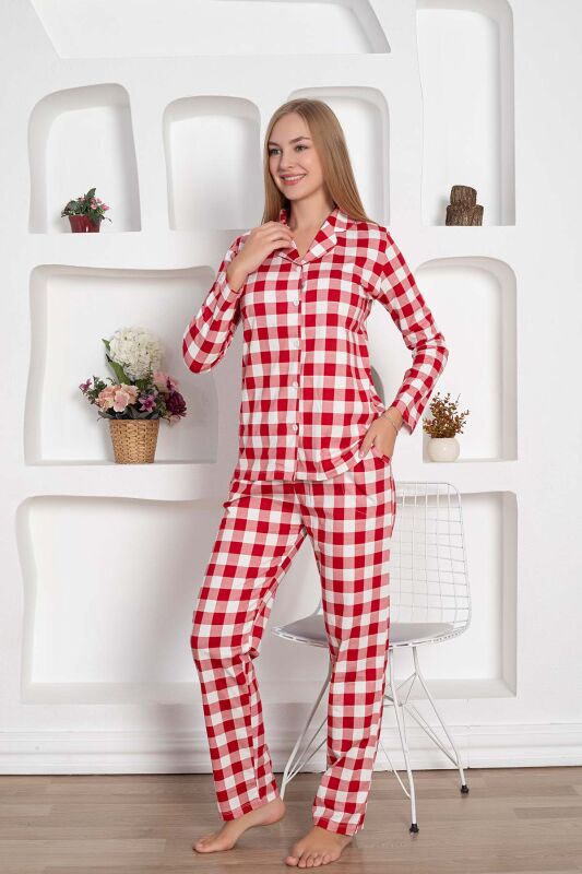  Ekoseli Önden Düğmeli Kadın Pijama Takımı - Kırmızı Uzun Kollu Penye 2793UY - 5