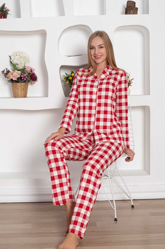  Ekoseli Önden Düğmeli Kadın Pijama Takımı - Kırmızı Uzun Kollu Penye 2793UY - 3