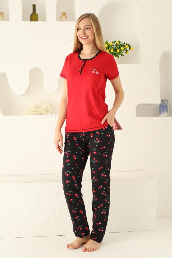 Kırmızı Kiraz Desenli Penye Kısa Kollu Kadın Pijama Takımı 2684KY - 1