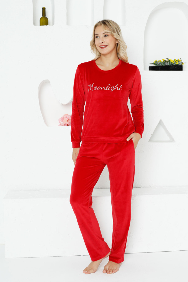 Kadife Kadın Pijama Takımı - Moonlight İthal Kadife Kırmızı Cepli 2763UK - 1