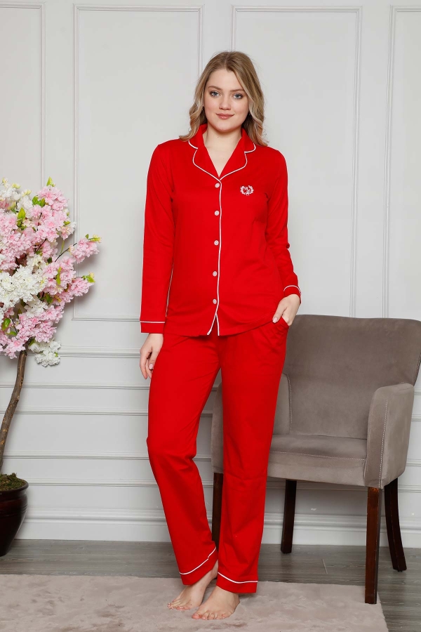 Kırmızı Önden Düğmeli Uzun Kollu Bayan Pijama Takımı 2577UY - 1