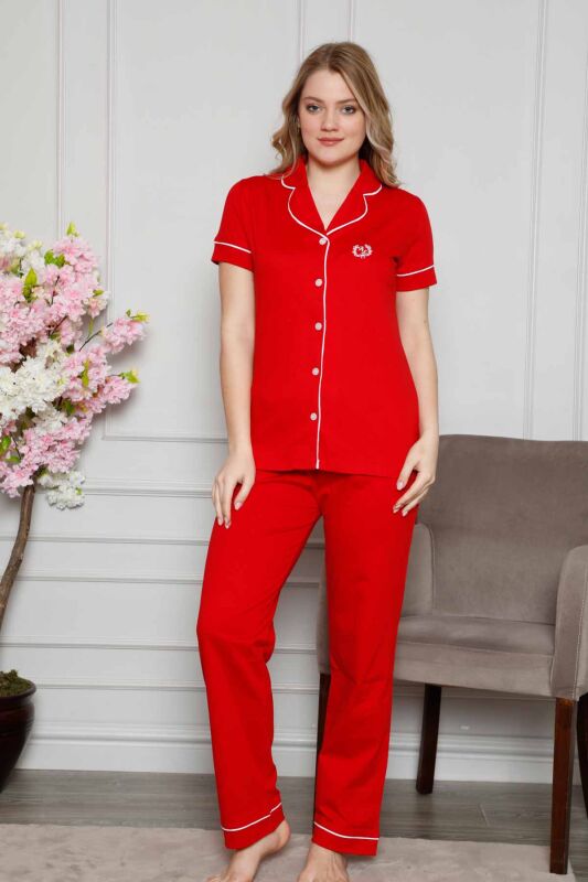 Kırmızı Önden Düğmeli Kısa Kollu Bayan Pijama Takımı 2577KY - 1