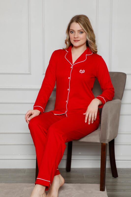 Kırmızı Likralı Önden Düğmeli Uzun Kollu Bayan Pijama Takımı 2577UKL - 2