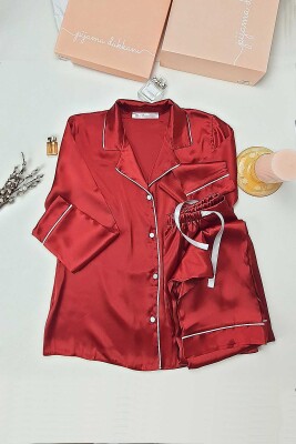 İpek Saten Boydan Düğmeli Kadın Pijama Takımı - Bordo Erkek Yaka Fiyonklu 8004MS - Miss Merveille (1)
